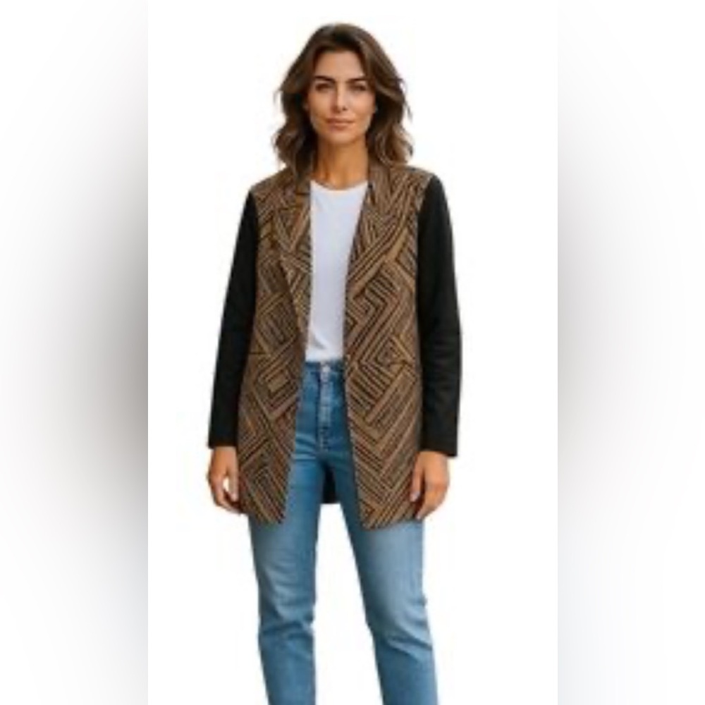 LOGO Lori Goldstein Geometric Jacquard Open Front Cardigan Jacket Tan Black 1X